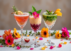 Trzy, Drinki, Kwiaty, Stół