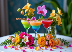 Trzy, Kolorowe, Drinki, Kwiaty, Stół