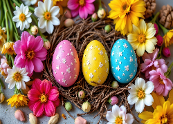 Wielkanoc, Trzy, Pisanki, Gniazdko, Kolorowe, Kwiaty