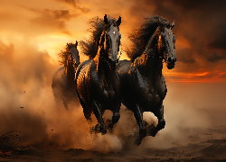Trzy, Konie, Kare, Galop, Kurz, Zachód słońca