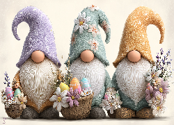 Wielkanoc, Trzy, Krasnale, Koszyczki, Pisanki, Kwiaty, Grafika, AI