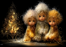 Trzy, Lalki, Drzewko, Świąteczne, Grafika AI