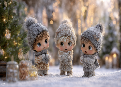 Trzy, Lalki, Czapki, Ubranka, Grafika AI