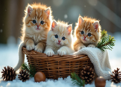 Zima, Śnieg, Trzy, Rude, Koty, Kosz, Koc, Gałązki, Szyszki, Grafika AI