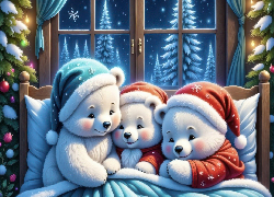 Trzy, Misie, Czapki, Łóżko, Choinki, Okno, Zima, AI