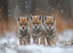 Zima, Śnieg, Trzy, Młode, Lisy