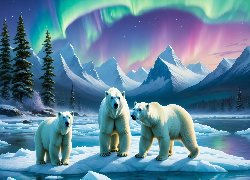Zima, Góry, Morze, Kra, Drzewa, Trzy, Białe, Niedźwiedzie polarne, Zorza polarna, Grafika