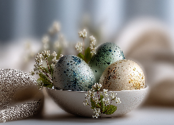 Wielkanoc, Jajka, Pisanki, Białe, Kwiaty, Miska