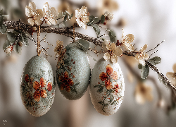 Wielkanoc, Trzy, Pisanki, Gałązka, Białe, Kwiaty, Grafika AI