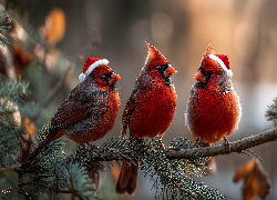 Trzy, Ptaki, Kardynały, Czapki, Mikołaja, Grafika AI
