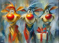 Trzy, Renifery, Czerwone, Nosy, Prezent, Grafika AI