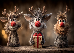 Trzy, Renifery, Prezent, Świąteczne, Grafika AI