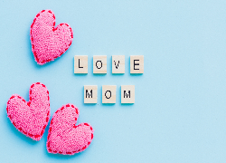Dzień Matki, Trzy, Serca, Napis, Love Mom, Błękitne tło