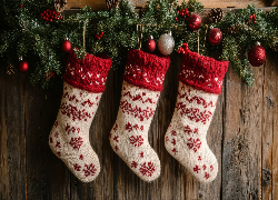 Boże Narodzenie, Trzy, Skarpety, Dekoracja, Gałązki, Bombki, Szyszki, Deski