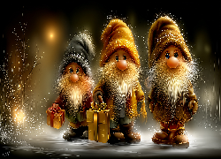 Trzy, Skrzaty, Czapki, Prezenty, Grafika AI