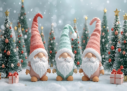 Zima, Trzy, Skrzaty, Prezenty, Choinki, Grafika, Boże Narodzenie