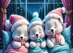 Trzy, Śpiące, Misie, Łóżko, Czapki, Okno