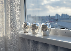 Dekoracja, Trzy, Srebrne, Jabłka, Okno, Parapet, Firana