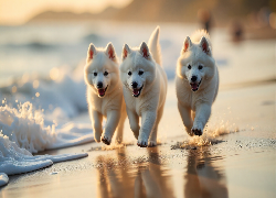 Trzy, Białe, Psy, Szczeniaki, Plaża, Morze, Grafika AI