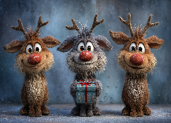 Trzy, Renifery, Prezent, Grafika AI