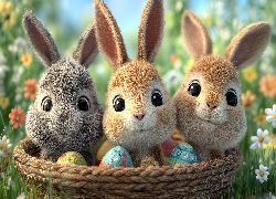 Zajączki, Koszyk, Pisanki, Grafika AI