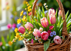 Kolorowe, Kwiaty, Tulipany, Wiklinowy, Koszyk
