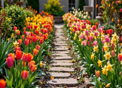 Kwiaty, Tulipany, Narcyzy żonkile, Ścieżka, Ogród