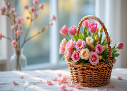 Kwiaty, Róże, Tulipany, Płatki, Koszyk, Okno