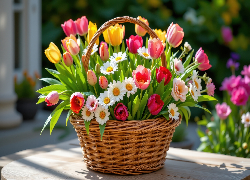 Stokrotki, Tulipany, Żółte, Różowe, Bukiet, Wiklinowy, Koszyk