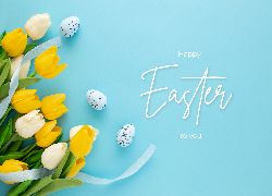 Wielkanoc, Kolorowe, Jajka, Napis, Happy Easter, Niebieskie, Tło