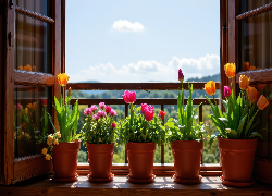 Kwiaty, Tulipany, Doniczki, Parapet, Okno