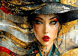 Kobieta, Azjatka, Makijaż, Tatuaż, Kapelusz, Grafika