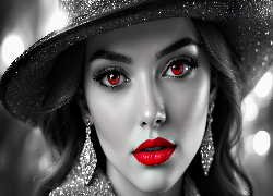 Kobieta, Kapelusz, Biżuteria, Czerwone, Usta, Oczy, Grafika