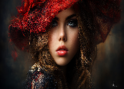 Kobieta, Kapelusz, Czerwony, Grafika