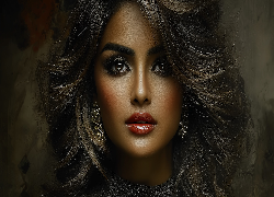 Grafika, Kobieta, Szatynka, Twarz, Kolczyki, Makijaż