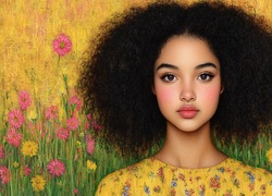 Kobieta, Kręcone, Włosy, Afro, Kwiaty