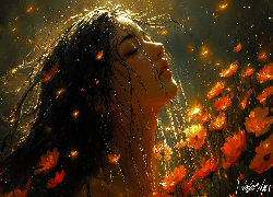 Dziewczyna, Twarz, Włosy, Kwiaty, Grafika AI