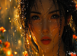Dziewczyna, Twarz, Mokre, Włosy, Grafika AI