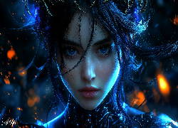 Dziewczyna, Twarz, Niebieskie, Oczy, Grafika AI