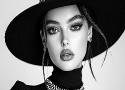 Kobieta, Twarz, Kapelusz, Makijaż, Biżuteria, Czarno-białe