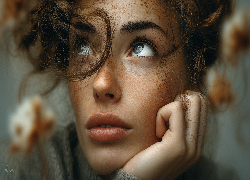 Kobieta, Szatynka, Twarz, Piegi, Loki, Dłoń, Grafika AI