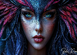 Kobieta, Twarz, Łuski, Spojrzenie, Pióra, Grafika AI