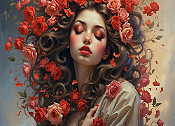 Kobieta, Makijaż, Kwiaty, Czerwone, Róże