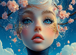 Dziewczyna, Twarz, Niebieskie, Oczy, Kwiaty, Grafika AI