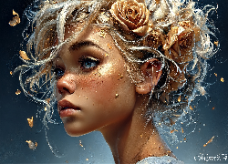 Zamyślona, Dziewczyna, Twarz, Upięte, Włosy, Kwiaty, Grafika AI