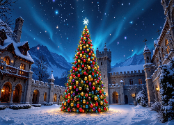 Boże Narodzenie, Choinka, Bombki, Zima, Dziedziniec, Wieża, Domy, Zorza polarna