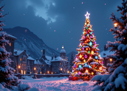 Zima, Śnieg, Udekorowana, Choinka, Domy, Góry, Boże Narodzenie, AI