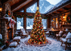 Boże Narodzenie, Choinka, Bombki, Kominek, Krzesła, Okno, Zima, Al