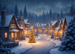 Boże Narodzenie, Zima, Choinki, Domy, Noc, Droga
