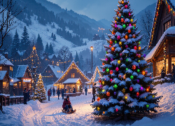 Zima, Boże Narodzenie, Domy, Udekorowana, Choinka, Góry, Ludzie